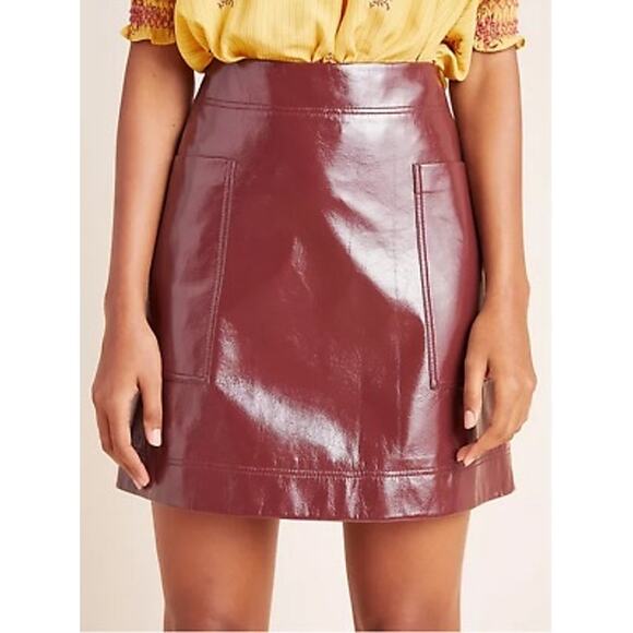 Anthropologie Dresses & Skirts - Anthropologie Maeve Faux Patent Leather Skirt Burgundy Wine US 6 Shiny Vinyl